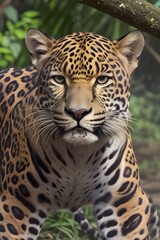 Obraz premium Jaguar (Panthera onca):The jaguar is a magnificent big cat known for its striking rosette-spotted coat. It is a top predator in tropical rainforests, stalking its prey, which includes various mammals.