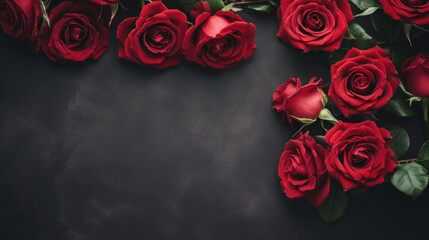 Red roses mock up banner on black desktop background. Top view