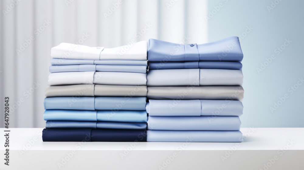 Poster folded clothes in stacks of various simple blue placed on a table on a light background