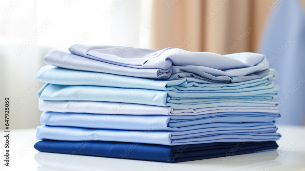 Poster folded clothes in stacks of various simple blue placed on a table on a light background