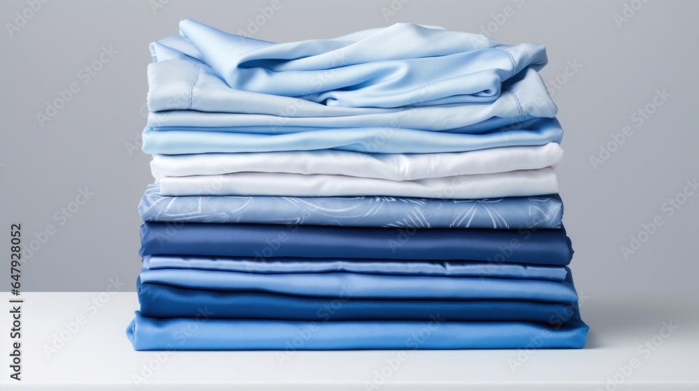 Poster folded clothes in stacks of various simple blue placed on a table on a light background