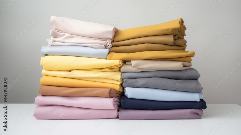 Aufkleber folded clothes in stacks of various simple colors placed on a table on a white background