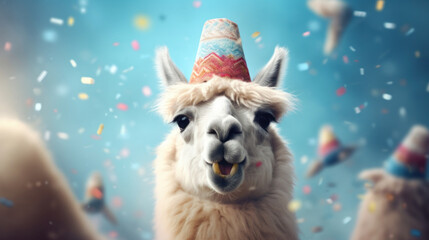 Happy lama smiling wearing hat with flying confetti. Birthday concept - obrazy, fototapety, plakaty