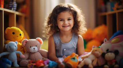 A cute little girl looks at the camera, smiles and play with toys