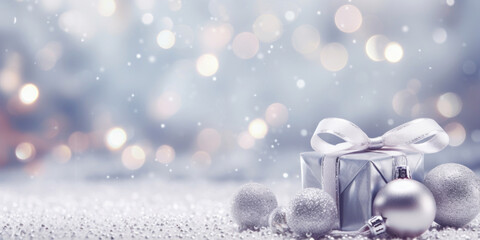 Winter holiday background with silver gifts and balls