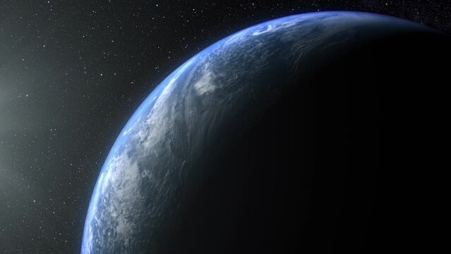 A cinematic rendering of planet Earth during sunrise as view from space with vibrant blue sky atmosphere