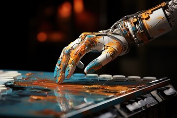 Closeup Robot Ai creative painting on color canvas, Generative with Ai.