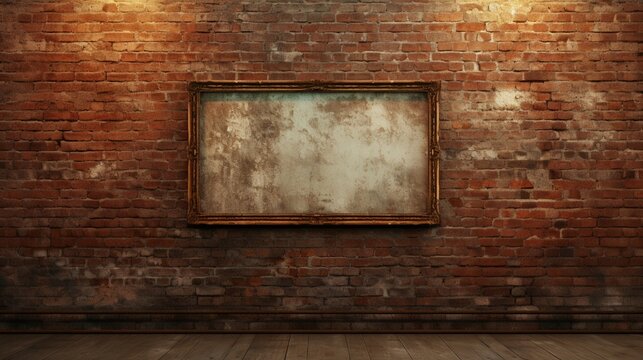 Design an artful representation of an elegant blank frame on a weathered brick wall, exuding charm.