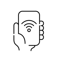 Hand holding a smartphone with WiFi symbol on it. Wireless internet connection. Pixel perfect, editable stroke icon