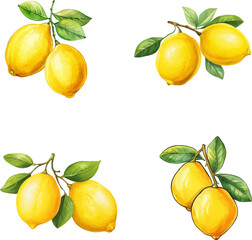 Lemons vector watercolor illustration set, Lemons 3D realistic icon