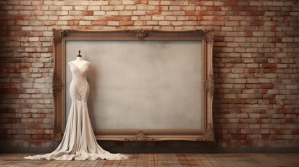 Fashion an artful depiction of a blank frame against a weathered brick wall, evoking classic elegance.