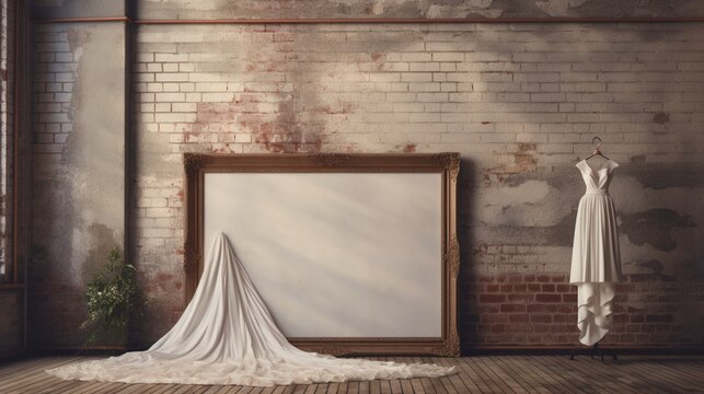 Fashion an artful depiction of a blank frame against a weathered brick wall, evoking classic elegance.