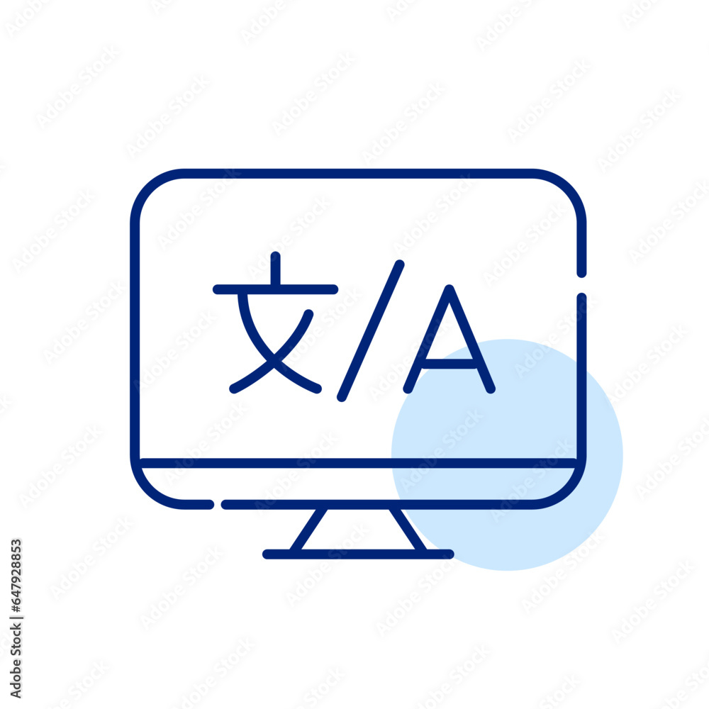 Poster different languages symbols on a desktop computer. translational website icon. pixel perfect, editab