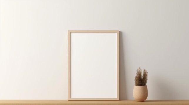 On a beige wall, a blank wooden picture frame is hanging. empty mock-up of a poster for an exhibition. a minimalist interior.no people, copy space, and front view.