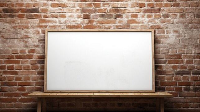 Produce a high-definition image featuring an elegant blank frame mockup against a rustic brick wall backdrop.
