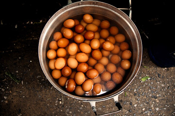 street food, pot of boiled eggs, traditional food of Thailand. tea eggs. Boiled eggs with Taiwanese...