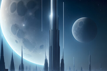 Marvel at lunar skyscrapers as they reach for the cosmic canopy, blending human ingenuity with the vastness of space. These towering structures define the skyline of a fictional interplanetary city