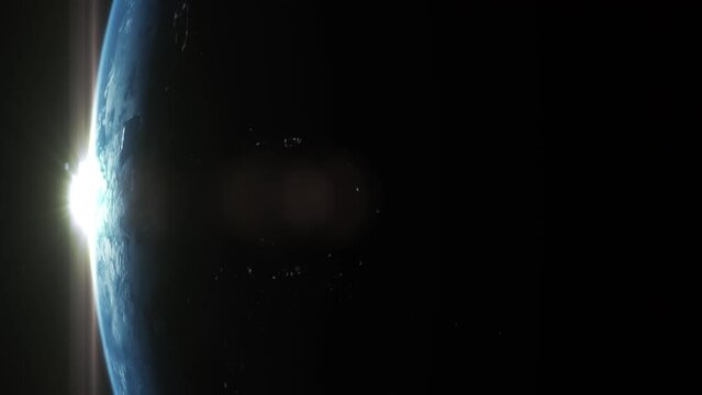 Vertical format : A cinematic rendering of planet Earth with vibrant blue sky atmosphere as view from space
