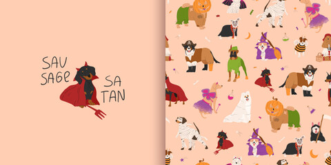 Halloween seamless pattern with dogs in cute halloween costumes. Funny greeting card with dachshund in devil or satan Halloween costume. Vector illustration. Trick or treat. Ideal for holiday cards