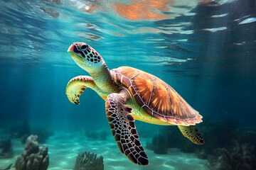 turtle swimming underwater photography style Made with Generative AI - obrazy, fototapety, plakaty