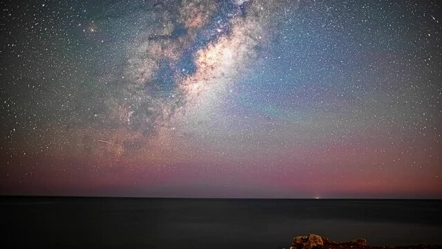 Hyper Lapse of the Milky Way Galaxy, Long Exposure, Moving Across Sky, Star Trails, Aeroplane Flying, Starry Sky, Wide Angle, Static