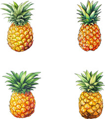 Pineapple vector watercolor illustration set, Pineapple 3D realistic icon