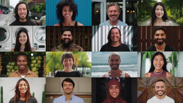 Portraits of Happy People Looking at Camera. Bright Life and Diverse Ethnic Culture of European Group Posing in Creative Footage. Individuality and Gender Equality of Charming Women and Mixed Race Men