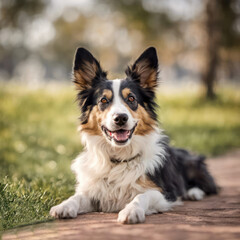 Smiling black, tan and white Aussie Shepherd on a dirt path