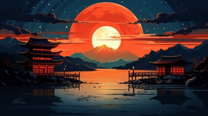 Itsukushima Shrine Poster in the Night Day with Dark Sky View generative ai