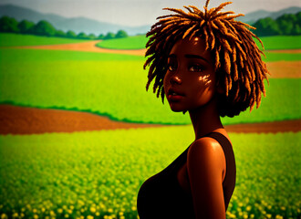 African American woman in a field of flowers.