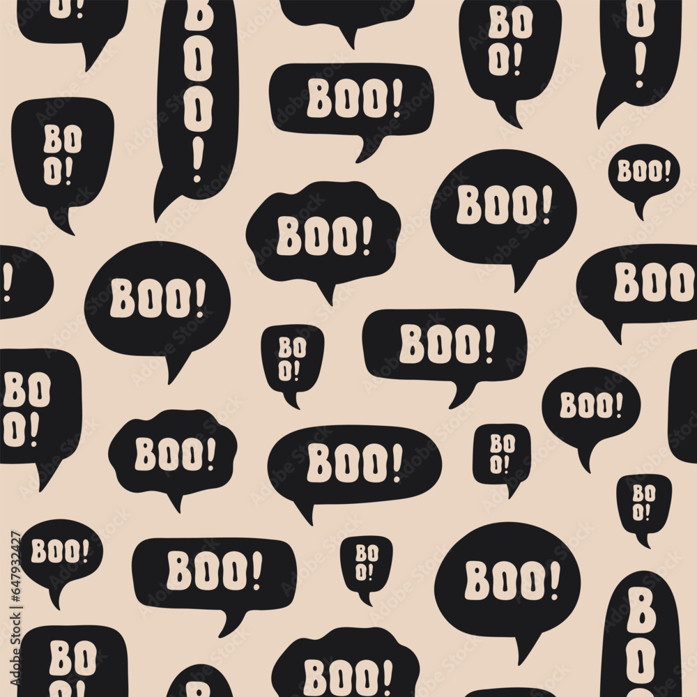 Poster abstract seamless pattern with halloween design of speech bubble and word boo on a beige background.