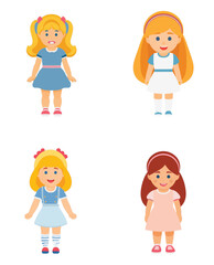 Set of vector illustrator girls, people cartoon icons, flat 2d icons of girls, princesses and cute girls.