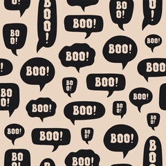 Abstract seamless pattern with halloween design of speech bubble and word BOO on a beige  background. Black and beige colors. Vector illustration