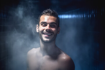 Smiling young man in steam room or shower