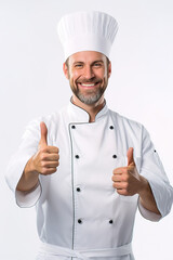 chef in uniform smiling showing thumb up