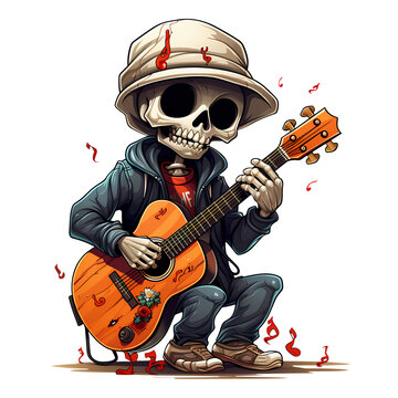 Cute Skeleton Playing Guitar Clipart Illustration