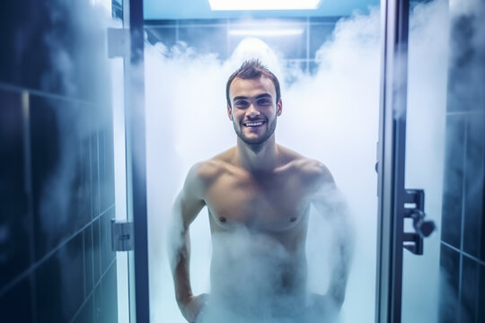 Smiling fit young man in steam room or shower
