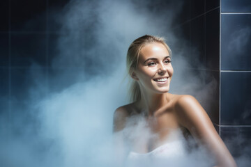 Young blonde woman in steam room, cryotherapy cabin, shower, or sauna in spa