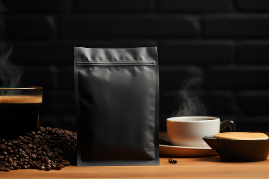 Black Coffee Craft Paper Pouch Bag Packaging Mockup, Empty Packaging Template, Blank Merchandise Advertising Display. Generative AI