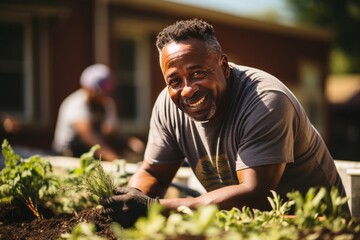 African American man volunteering at a community garden, Generative AI - obrazy, fototapety, plakaty