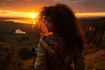 African American woman capturing a stunning sunset with her camera, Generative AI - obrazy, fototapety, plakaty