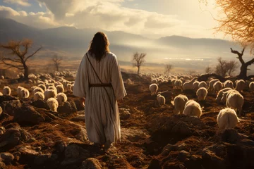Deurstickers Image of Shepherd Jesus Christ leading the sheep and praying to God © Atchariya63