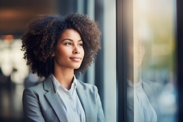 Confident young black businesswoman standing at window in office alone