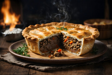 round whole meat pie with smoking on a plate over wooden background. 