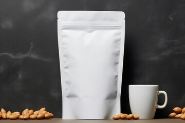 White Coffee Craft Paper Pouch Bag Packaging Mockup, Empty Packaging Template, Blank Merchandise Advertising Display. Generative AI