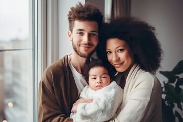 multiethnic couple holding their newborn baby at home