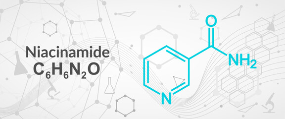 Nicotinamide or niacinamide molecule. It is vitamin B3 found in food, used as a dietary supplement. Structural chemical formula.