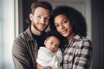 Fototapeta premium multiethnic couple holding their newborn baby at home
