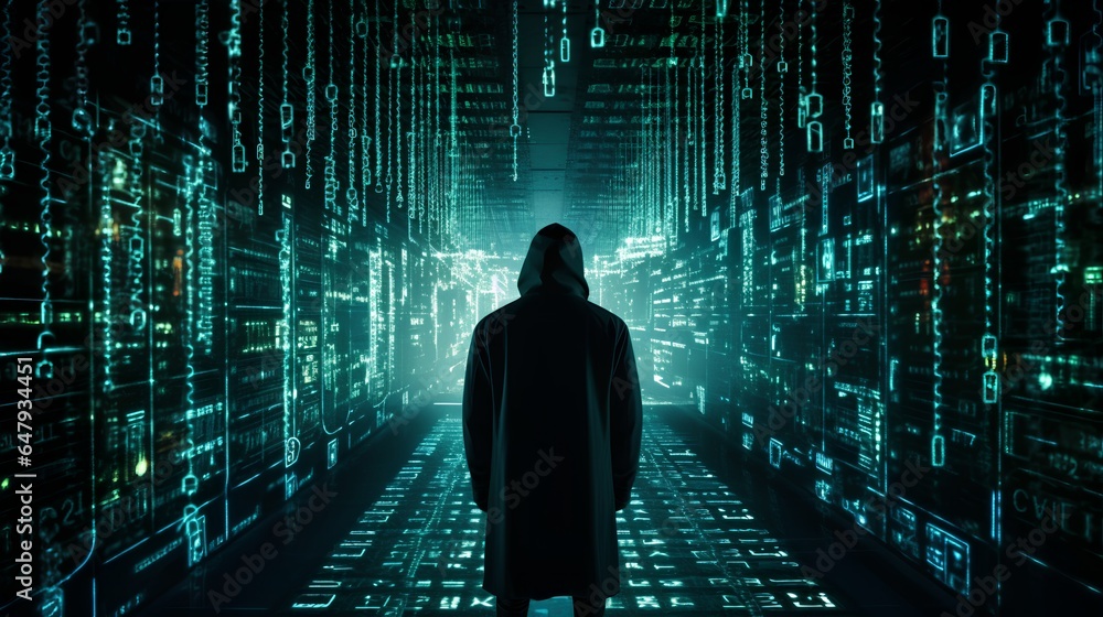 Poster a data breach with unauthorized access, a dark silhouette of a hacker against a backdrop of abstract