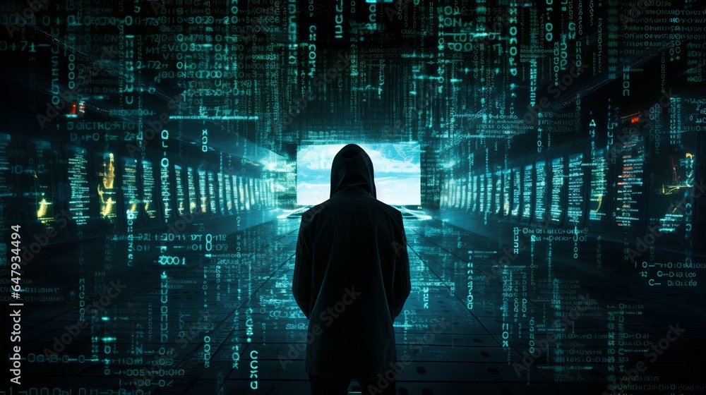 Poster a data breach with unauthorized access, a dark silhouette of a hacker against a backdrop of abstract